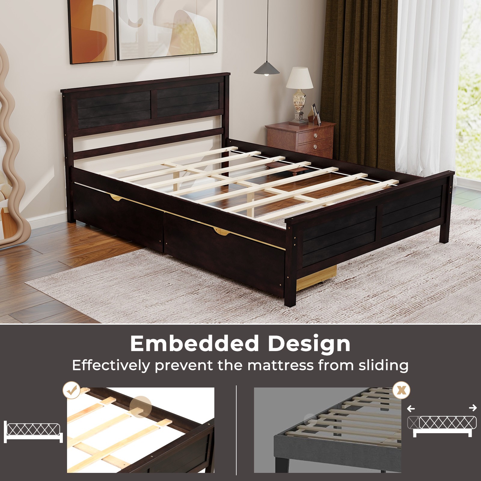 Full Size Wooden Bed Frame with 2 Storage Drawers & Under-bed Storage Espresso