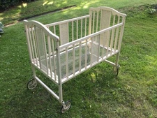 Antique Crib/ Doll Display/ Store Display/Wood & Metal W/ Rubber Wheels