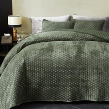 Velvet Quilt Queen Size Quilt Bedding Set, Luxurious Queen/Full Army Green