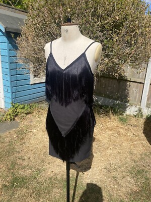 VERA & LUCY SIZE L TASSEL DRESS BLACK STRAPPY BODYCON SHORT LINED 