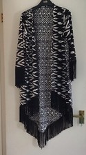 Black & White Patterned Fringed Lightweight Open Boho Long Coat  M/L New Look