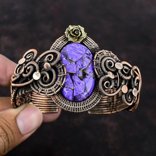 Russian Charoite Copper Gift For Bridesmaid Wire Wrapped Flower Adjustable Cuff - Picture 2 of 6