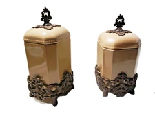 Gracious Goods Acanthus LARGE Ceramic Canisters Cookie Jar Lid Metal Stand TAUPE