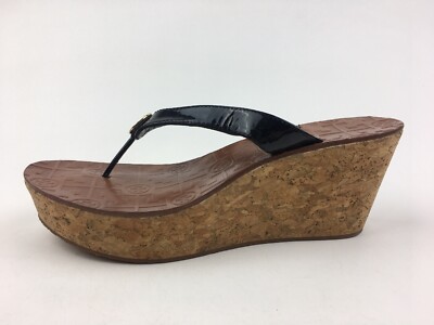 Tory Burch Thora Cork Wedge Logo Sandals Women s Size 9.5 M, Black Patent 2616