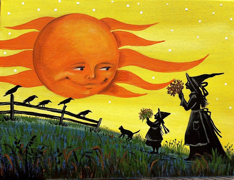 ORIGINAL HALLOWEEN PAINTING RYTA Black Cat pagan Witch Halloween Wicca Magic art