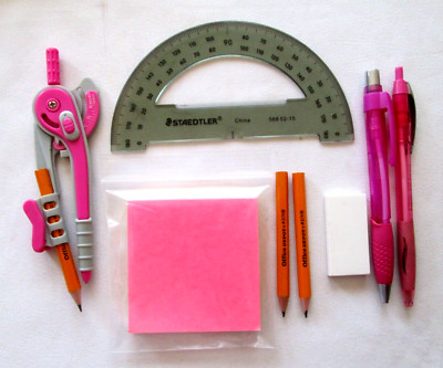 Lot-6-Pencil Compass+6''Protractor+ short Pencils+ Stickers Pad+ Erase+ Pens