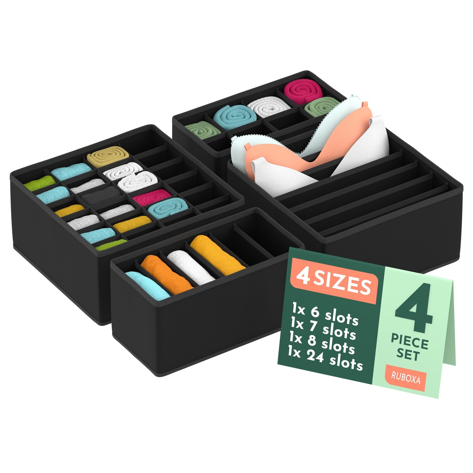 4-Piece Black Fabric Dresser Drawer Organizer Set in 4 Sizes with 45 Divider Options-image