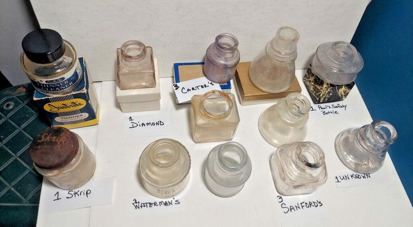 Lot of 12 Vintage Ink Bottles - Carter, Sanford, Diamond, Waterman,  Skrip  +++