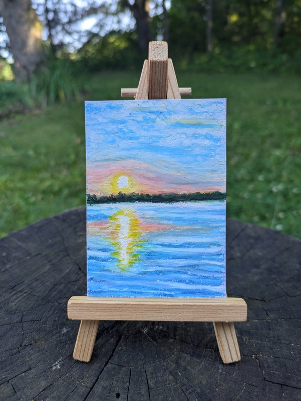 ACEO Original Oil Pastel Painting Sunrise on Lake OOAK abasicwitchscrafts 