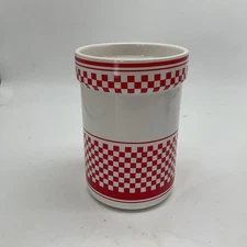 Red White Checkered Ceramic Crock Small Utensil Holder Farmhouse 5.5 X 4”