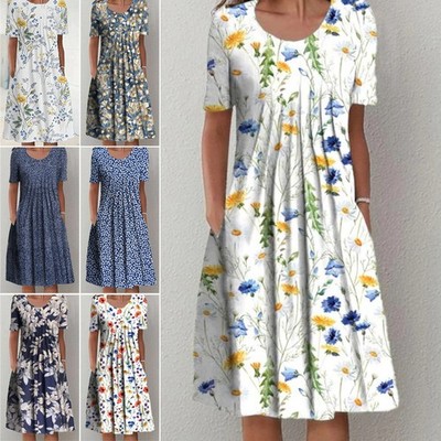 Sommer Damen Rundhalsausschnitt Floral Midikleid Kurzarm Plissee Kleid Urlaub