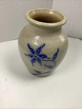 Stoneware Pottery Vase Crock Signed Timmons Cobalt floral Daisy Salt Glaze Style