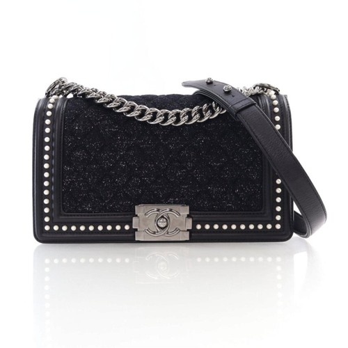 Chanel Medium Black Tweed Pearl Embellished Boy Bag