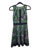 Guess Womens 0 Green Floral Lace Trim  Fit And Flare Sleeveless Cocktail Dress