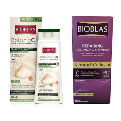 Bioblas Shampoo Sparset 500ml Knoblauch Shampoo + 360ml Collagen und Keratin