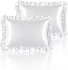 Ruffle Satin Pillowcases Set of 2, White Silk-Like Pillow Covers with Envelope