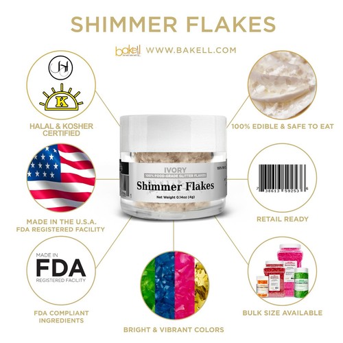 Ivory Edible Shimmer Flakes 4g Jar Edible Glitter Freezer & Bake Safe Flakes - Picture 6 of 7