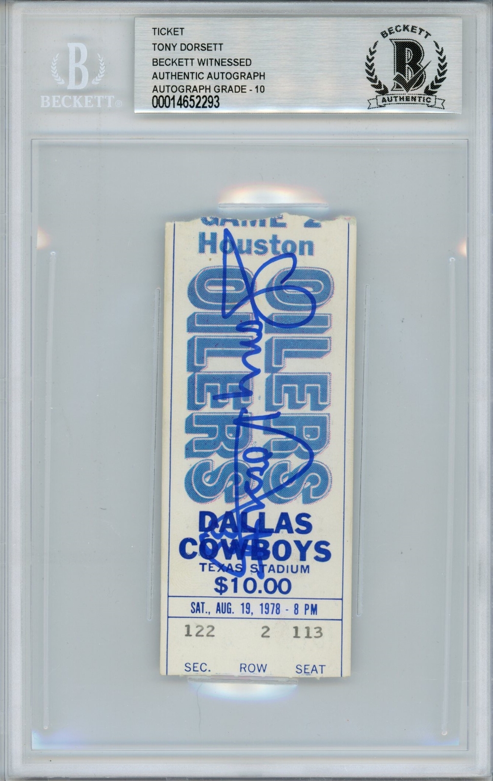 Tony Dorsett Autographed Signed Dallas Cowboys Ticket 8/19/78 Vs Oilers Beckett Slab 39457 