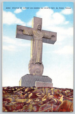 Linen Postcard~ Statue Of Christ On Sierra De Cristo Rey~ El Paso, Texas
