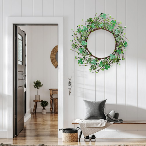 16" St Patrick'S Day Wreath, Artificial Shamrock Wreath Green Berry Clover Wreat - Picture 5 of 15