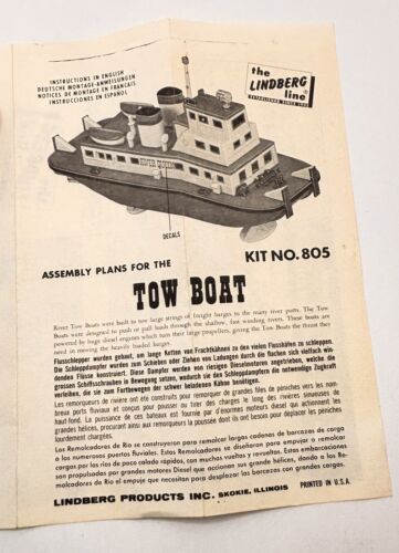 Vintage Lindberg Line No. 805 Model Tow Boat Assembly Instructions Toy Models