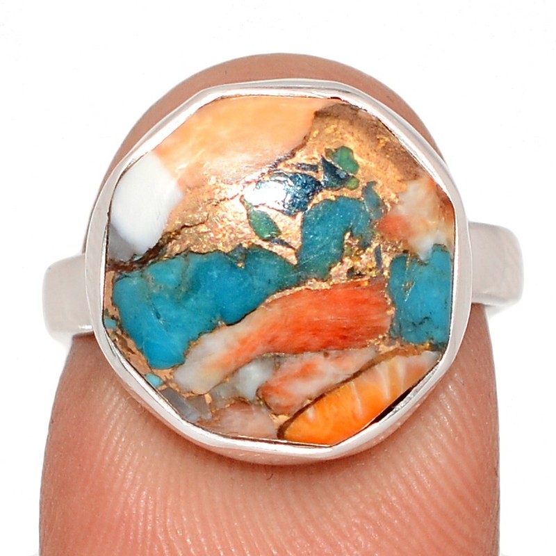 Composite Spiny Oyster & Arizona Turquoise 925 Silver Ring Jewelry s.6.5 CR70097