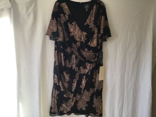 Adrianna Papell Dress 22 W Draped Midi Black Floral Metallic Wrap Cocktail NWT