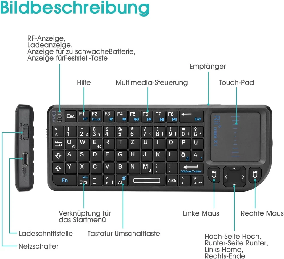 Rii X1 Mini Kabellos Tastatur mit Touchpad Funk Multimedia Keys Keyboard QWERTZ - Bild 4 von 4