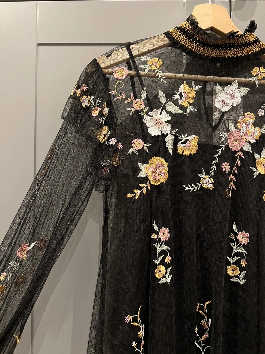 ZARA Black Floral Embroidered High Neck Plumetis Tulle Transparent Top Blouse M