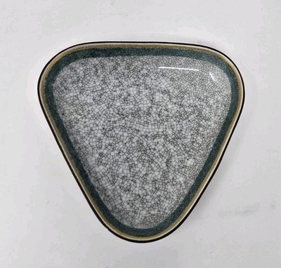 Royal Copenhagen Denmark Trinket Dish Grey Green Crackle Gilded Trim Triangle 