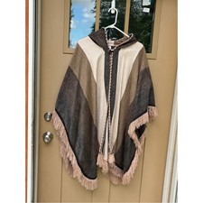 Alpaca Poncho in Neutral Taupe  Brown Hooded Fringe Women's One Size
