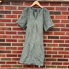 GAP Dark Green Linen Gauze Deep V Neck Short Sleeve Mini Dress