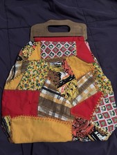 Vintage Purse Clutch Handmade Cloth Patchwork with Wooden Handles Boho