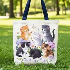 Cute Baby Cats Wildflower Tote Bag, Cottagecore Botanical Cat Gift Shopper