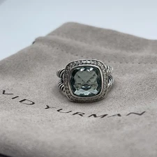 David Yurman 925 Sterling Silver Albion Ring 11mm Prasiolite and Diamonds Size 8