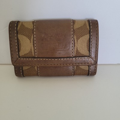 Coach Hooks Key Case Wallet Holder Brown Canvas Leather Small Signature Metalic