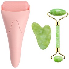 3-in-1 Natural Jade Roller and Gua Sha Set for Face and Eye Ice Roller Facial...