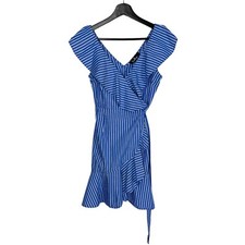 Lulus Valencia Blue White Stripe Flutter Wrap Short Sleeve Waist Tie Above Knee