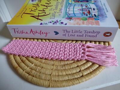 Lovely Handmade Bamboo & Cotton Crochet Pink Bookmark with Fringe Edge