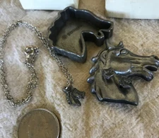Torino Horse Head Pewter Brooch Necklace Earrings Jewelry Box Signed Box Set
