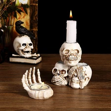 Gothic Tea Light Holder Horror Skeleton Skull Candle Holders Resin Candlestick 