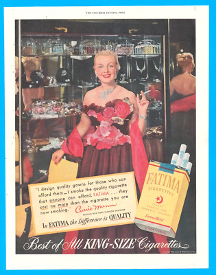 1952 Fatima Cigarettes pack print ad Carrie Mumm fashion pretty lady New York