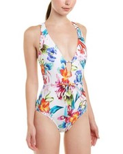 NEW Athena Tropical Trip Belted Plunge Maillot One-Piece Swimsuit Size 12