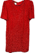 Vintage 100% Silk Beaded Red Dress Large Cocktail Party Holiday Formal Elegant
