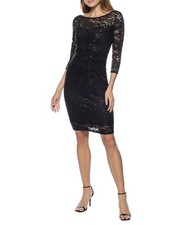 Marina Sequin Lace Round Neck 3/4 Sleeve Fit and Flare Dress