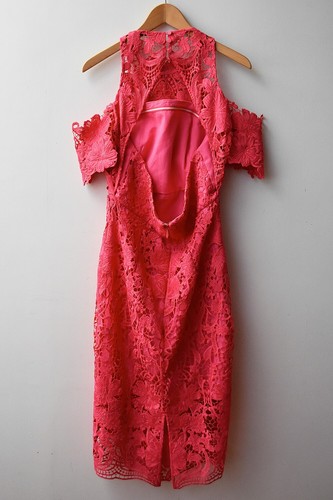 THURLEY Flower Bomb Pink Lace Cold-Shoulder Midi Pencil Dress Sz 12 $599 - Picture 5 of 7