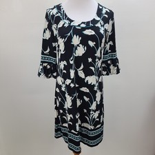 Loft Floral Dress Women 6 Black Blue Stretch 3/4 Sleeve Ruffle Side Zip