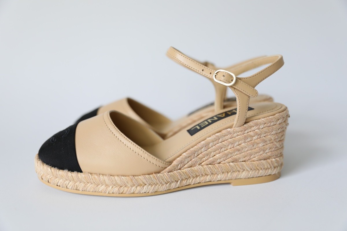 CHANEL Grosgrain Cap Toe CC Logo Goatskin Espadrille Wedge CHANEL Grosgrain Cap Toe CC Logo Goatskin Espadrille Wedge