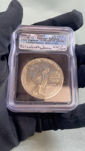1983 D S$1 OLY Olympic Silver Dollar ICG MS69 Elizabeth Jones Signed EJ 225/250 - Video 1 of 1