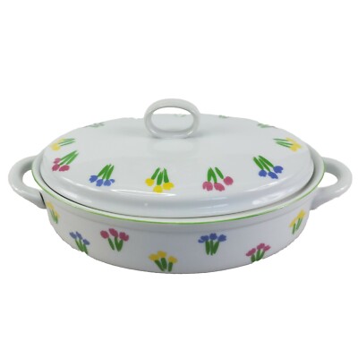 Mount Clemens Pottery Serving Dish With Lid White w/ Pastel Color Tulips *Read*